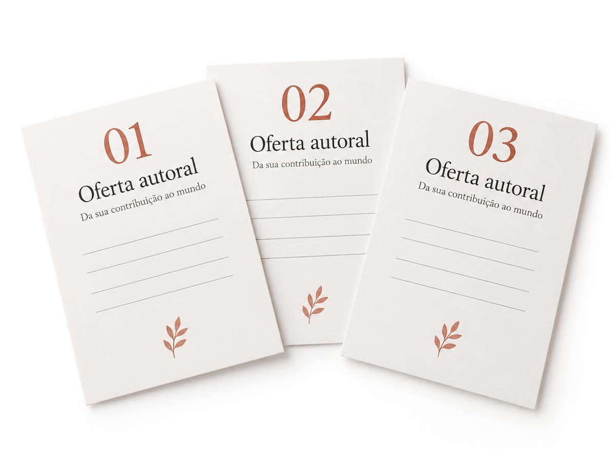 Mockup ilustrativo de três ideias de ofertas autorais